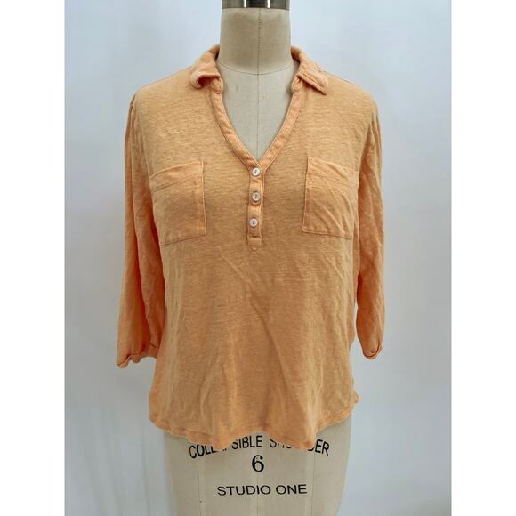 Chico's Tops - Chico's 3/4 Sleeve Polo Shirt Sz 2 (L) Sherbet Orange 100% Linen Tee Top